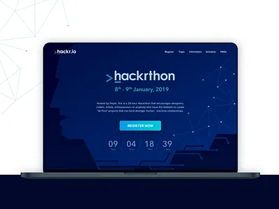 Hackrthon Webpage Design ai clean ui coding contest dark theme dark ui desktop development futuristic ui hackathon illustration register registration ui webpage website