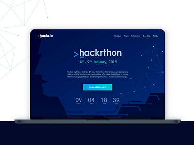 Hackrthon Webpage Design ai clean ui coding contest dark theme dark ui desktop development futuristic ui hackathon illustration register registration ui webpage website