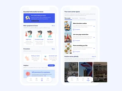 Lectio App app app design branding coronarender coronavirus symptoms covid 19 healthcare homepage information and advice lists mobile app positive news prevention product design search information things to do ui