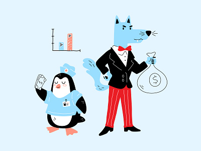 MoveOn - Tax the Rich animal animation cartoon case study characters design flat illustration mascot minimal minmalist ngo penguin simple ui ux vector wolf