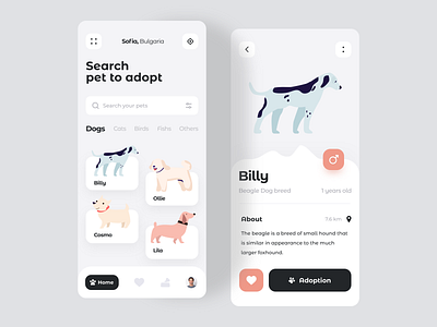 Adopt pets app UI 2020 trends adopt android app animal app clean color dog graphic design ios minimal mobile mobile app pets product design search trendy ui ui deisgn ux