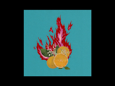 orange on fire beautiful blue collage design dream fire flames flower flowers fresh fruit illustration love surreal