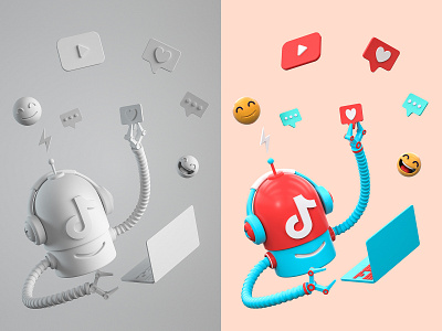 TikTok Bot 3d blender bot c4d character cinema 4d comment computer dialog face happy illustration laptop like music player robot role tiktok 抖音