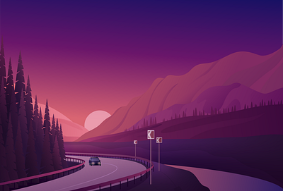 Mountain trip car illustration landscape mountains road sunset trip