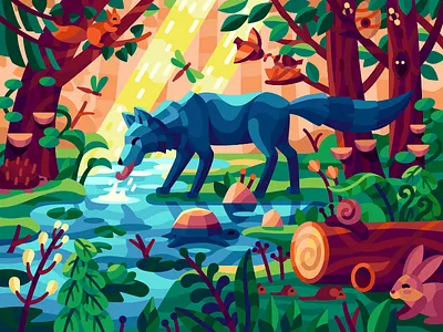 Forest animals birds coloring book forest gallery game game illustration goldfinch illustration lake rabbit scene squirrel trees vector illustration wild animals wolf woods