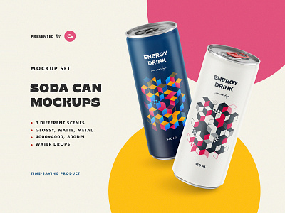 Soda Can Mockups 250ml aluminium aluminum beer cold drink drops energy flying glossy juice matte metal mockup showcase small smart object soda soft drink tea