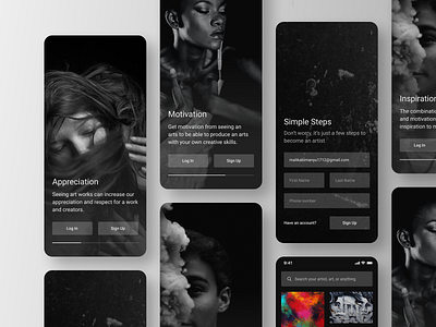 Exhibition Mobile App Exploration clean dark dark app elegant exhibition exhibition app exhibition design gallery app inspiration login login app minimal minimalist mobile ui onboarding onboarding app onboarding ui simple trend