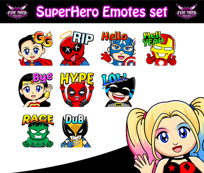 superhero emotes set branding cartoon design emotes esports gaming illustration mascot twitch vector