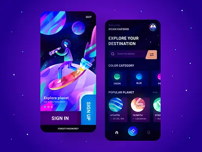 EXPLORE PLANETS-APP app branding colorful darkmode debutshot design explore home illustration illustrator invitation loginscreen planet signin space texture ticket uidesign uiux