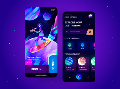 EXPLORE PLANETS-APP app branding colorful darkmode debutshot design explore home illustration illustrator invitation loginscreen planet signin space texture ticket uidesign uiux