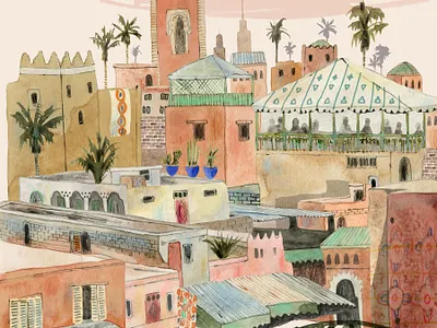 Morocco buildings cityscape digital folioart illustration kate evans morocco pattern travel watercolour