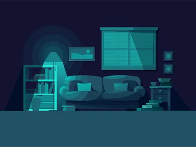 Nightime In The Den blues den flat illustration lamplight light study lounge minimal night illustration night mode night time illustration nightscape simple sitting room vectorart vectorillustration
