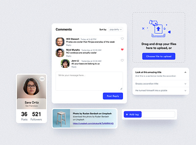 Social components accordion cardstock commenting components dashboard links minimalism product design tagging ui upload file uploading