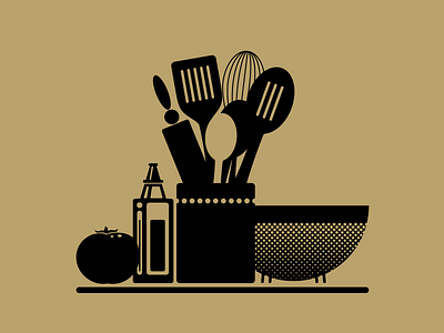 Mise en place cooking illustration kitchen olive oil rolling pin slotted spoon spatula spoon strainer tomato utensils vector whiskey