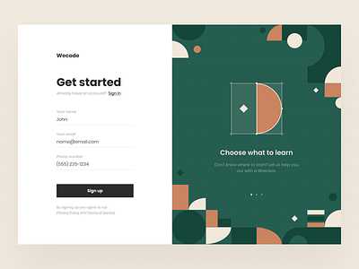 Wecode: Sign up app app design application courses design system edtech education education platform get started interface platform product design saas sign in sign up site user interface web web application website