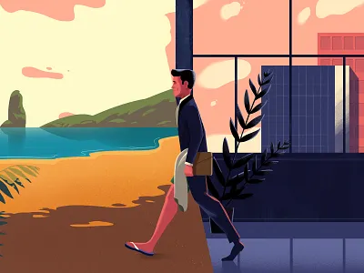 Busines ->Holiday artwork background beach business character design color conceptart digitalart employee fun holiday illustration landscape office sea sun