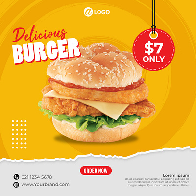 Food Burger Social Media Instagram Post Banner branding burger design flat food and drink food delivery food design food illustration icon typography