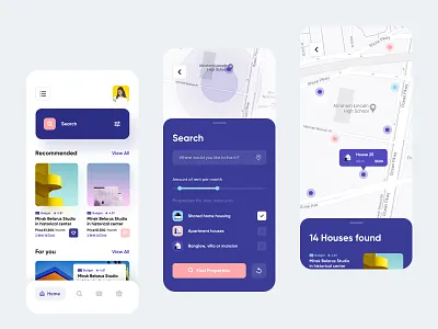 Accomodate - Rental home finder mobile application UI app booking colorful creative design find home homepage house list minimal mobile phone rent search search results ui