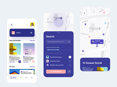 Accomodate - Rental home finder mobile application UI app booking colorful creative design find home homepage house list minimal mobile phone rent search search results ui