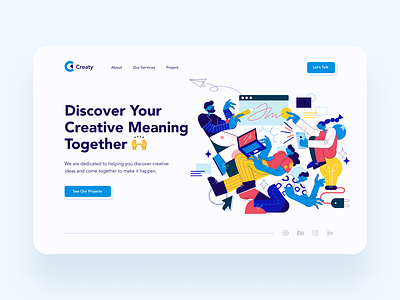 "Creaty" Creative Agency - Header Exploration character character design creative creative agency discover flat design header homepage idea illustration landing page minimalist team teamwork ui ux vector web website website concept