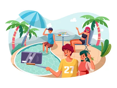 Young couple are making selfie while having fun in pool concept couple design flat illustration interface material pool selfie vector web