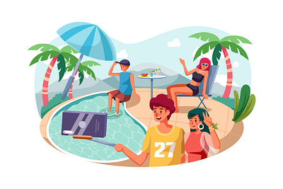 Young couple are making selfie while having fun in pool concept couple design flat illustration interface material pool selfie vector web