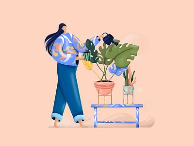 MORNING ROUTINE art art direction bubble coffee design female artist girl green illustration morning pink plants shape shot watering