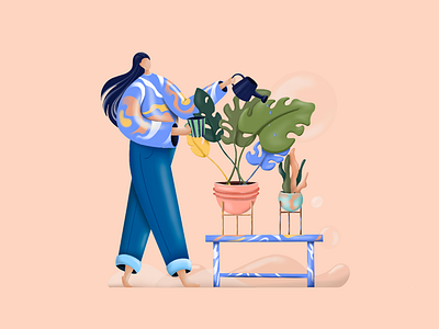 MORNING ROUTINE art art direction bubble coffee design female artist girl green illustration morning pink plants shape shot watering