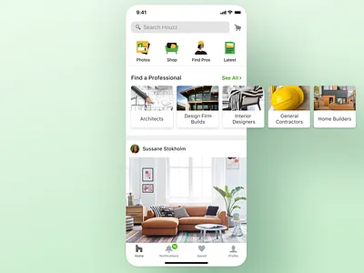 Houzz iOS app - Home page carousel cart feed home page home screen houzz icons ios app iphone messages mobile notifications photos product design proffesional saved scroll search ux ux ui