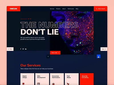 Obelisk Website Update 2020 agency blocks blue creative agency dark mode geometric grid homepage obelisk offset orange ui user experience userinterface ux web design web design agency website website design