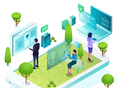 Digital Trends annual report artificial intelligence concept cover digital ebanking ecommerce editorial future illustration isometric isometric art isometric design isometric illustration mobile phone outdoor technology trends virtual web