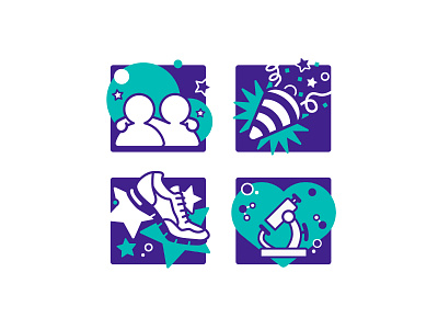 Challenge Icons celebrate confetti heart hug icon microscope party people purple research rounded run science series shoulders sneaker star teal vector