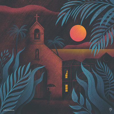 Under a Blood Moon (detail) atmosphere atmospheric colour exotic illustration illustrator landscape moon night plants rainy texture travel tropical