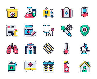 Medical and corona virus outline colored icons 1 ambulance branding coronavirus design first aid kit graphic design hand wash iconset illustration isons line art logo medical microscope sanitize stayhome thermometer ui ux vector