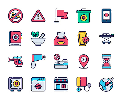 Medical and corona virus outline colored icons 3 branding coffine crowd not allowed design graphic design herbal medicine iconset illustration isons location logo medical medical app medical book thermometer ui ux vaccination vector warning