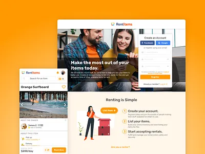 Rent Items: Rental Marketplace login marketplace orange p2p registration rent rentals renting rentitems sharing economy startup sustainability ui ux web webapp