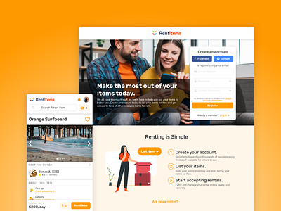 Rent Items: Rental Marketplace login marketplace orange p2p registration rent rentals renting rentitems sharing economy startup sustainability ui ux web webapp