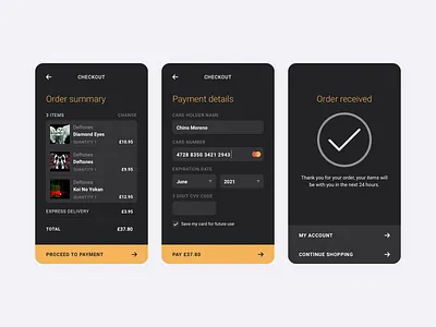 DailyUI #002 - Credit card checkout basket cart checkout new card order success ui