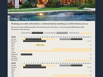 Bookings page for Wilsana bookings calendar