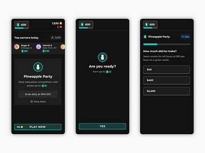 Neon Lights - Pineapple Party education finance financial app game learning mobile neon rewards robinhood trivia ui ux zogo