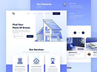 Real Estate Property Landing Page 1 2d apartment architecture blue booking building business flat hotel house illustration landing page lease line real estate realtor rent ui ux web design