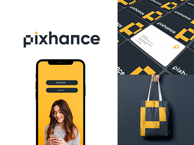 Pixhance Branding Concept applogo black brandidentity branding businesscarddesign coffemugmockup flatlogo modernlogodesign pixellogo pixhance plogo techlogodesign yellow yellowbalcklogo