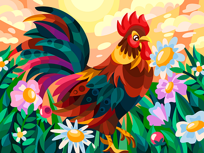 bright rooster artist artwork bird cartoon cartoon illustration design draw drawing flat flowers illustration rooster summer