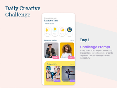 Class scheduler adobe adobe xd dailyui dance studio design explore horizontal scroll learn lists mobile app mobile app design mobile ui mock up mockup photographs playful ui design xd animation xddailychallenge