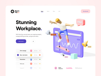 Stunning_ 3d 3d illustration card clean collaboration design tool designers illustration landing page list minimal realtime timeline typography ui ui design ux ux design web web app