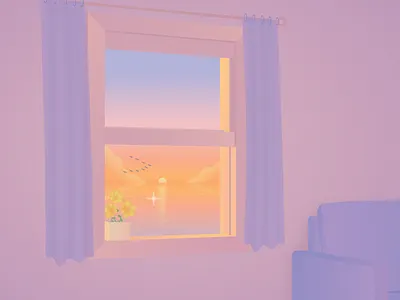 Window at sunset 2d animation aftereffects animated animation after effects birds clouds curtains design flowers gradient illustration motion nature sunset sunshine window