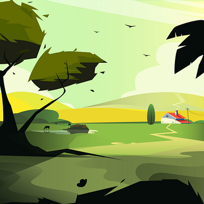 The rural district 2d adobe illustrator animals background birds colors countryside dribbble dribbblers gradient illustration landscape nature trees vector