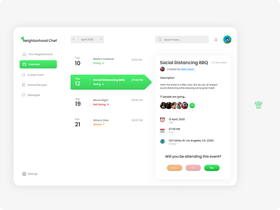 Meetup Event Calendar for Neighborhood Chef branding calendar calendar ui chef cooking design desktop design event logo meetups minimalism neumorphic planner productivity social app social media ui ux