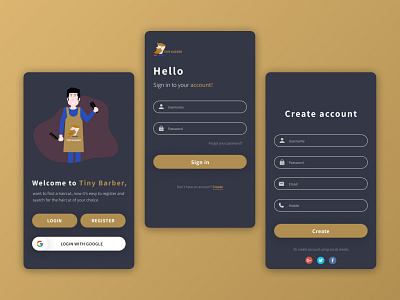 Login Screen TinyBarbershop barber barber shop barbershop dark blue dark theme dark ui design illustration illustrations login page login screen mobile app mobile ui kit register form registration page splash page splash screen splashscreen ui uxdesign