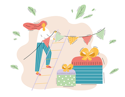 birthday concept 2d art app charachter colour concept decorating flags flat gift box girl illustration ui ux vector